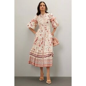 Marchesa Rosa Parker‎ Midi Dress Button Down Puff Sleeve Cream Red Sz 6